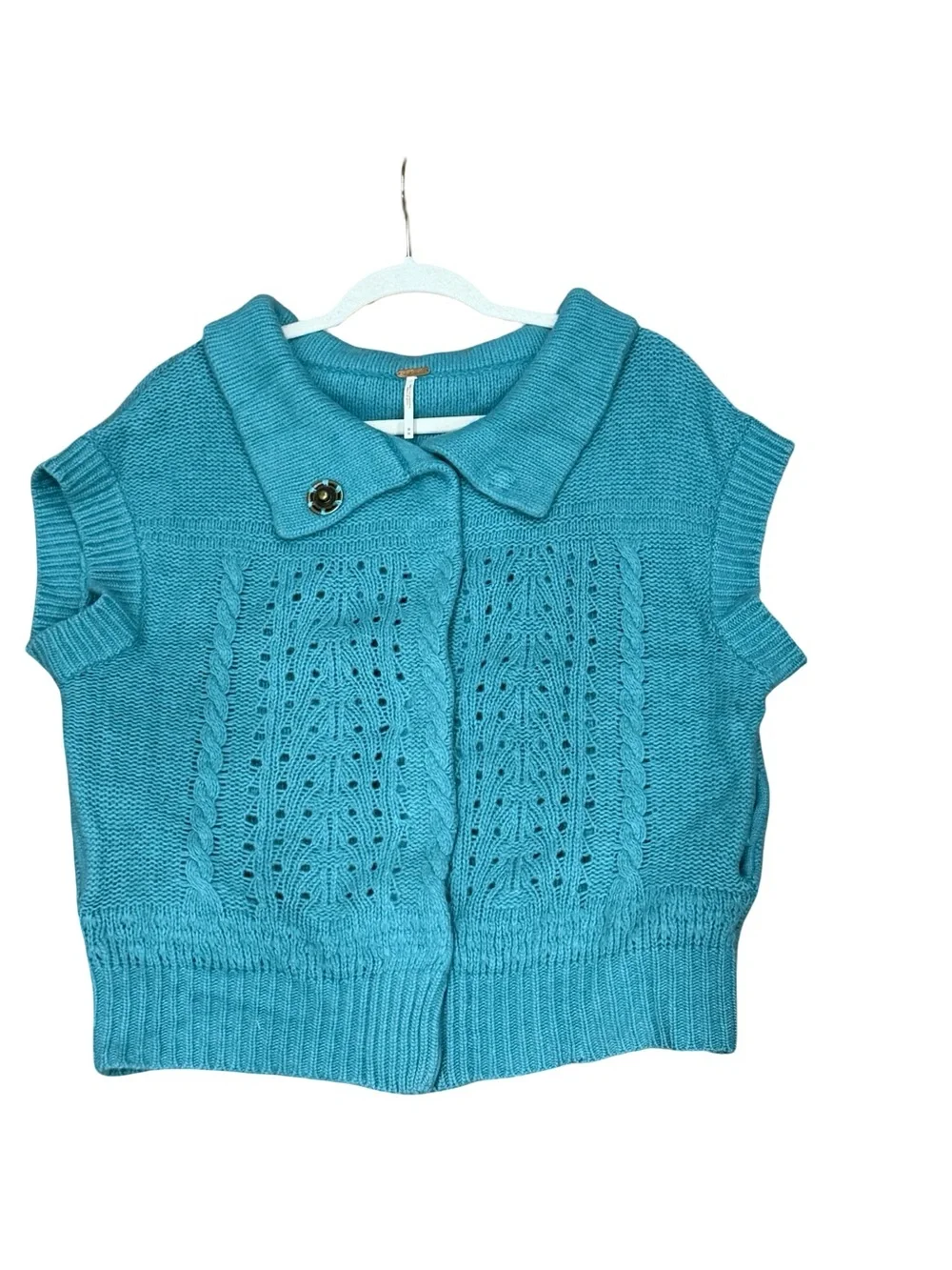 ✨Free People Blue Wool Blend Collared‎ Cardigan Size M Short Sleeve Knit Sweater
